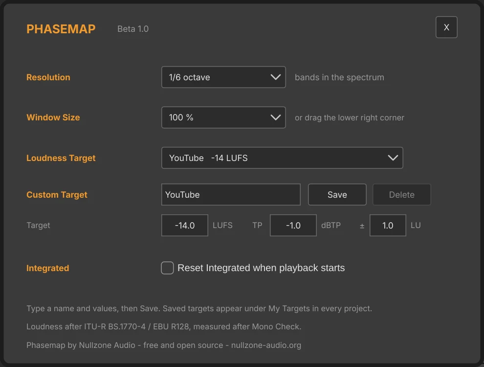 Settings panel with resolution, window size and loudness targets.
